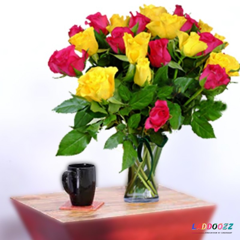 Yellow n Pink Roses Vase Bouquet 